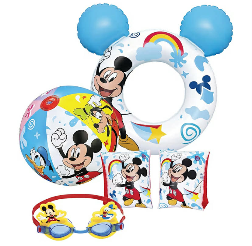 Mickey Mouse Swimming Pool Set, Bundle of 20" Beach Ball, Arm Bands, Googles & Swim Ring Tube for Swimming Pool Activities, Water Park, Beach Games