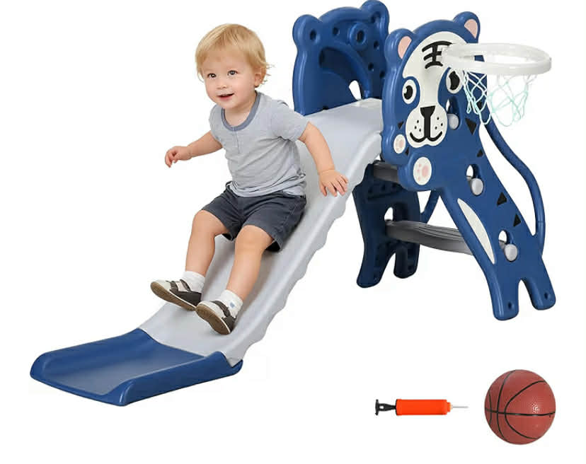Kids Slide, 3 in 1 Freestanding Toddler Slide with Basketball Hoop, Climber, Basketball, Indoor Outdoor Tiger-Themed Playset for Ages 18-36 Months, Pink