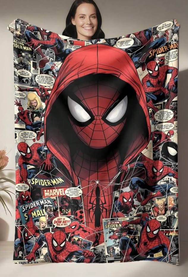 Marvel Themed Flannel Blanket, Featuring A Central Character Wearing A Red Hood Surrounded By Classic Comic Book Panels In A Collage Style Design.  71 x 79