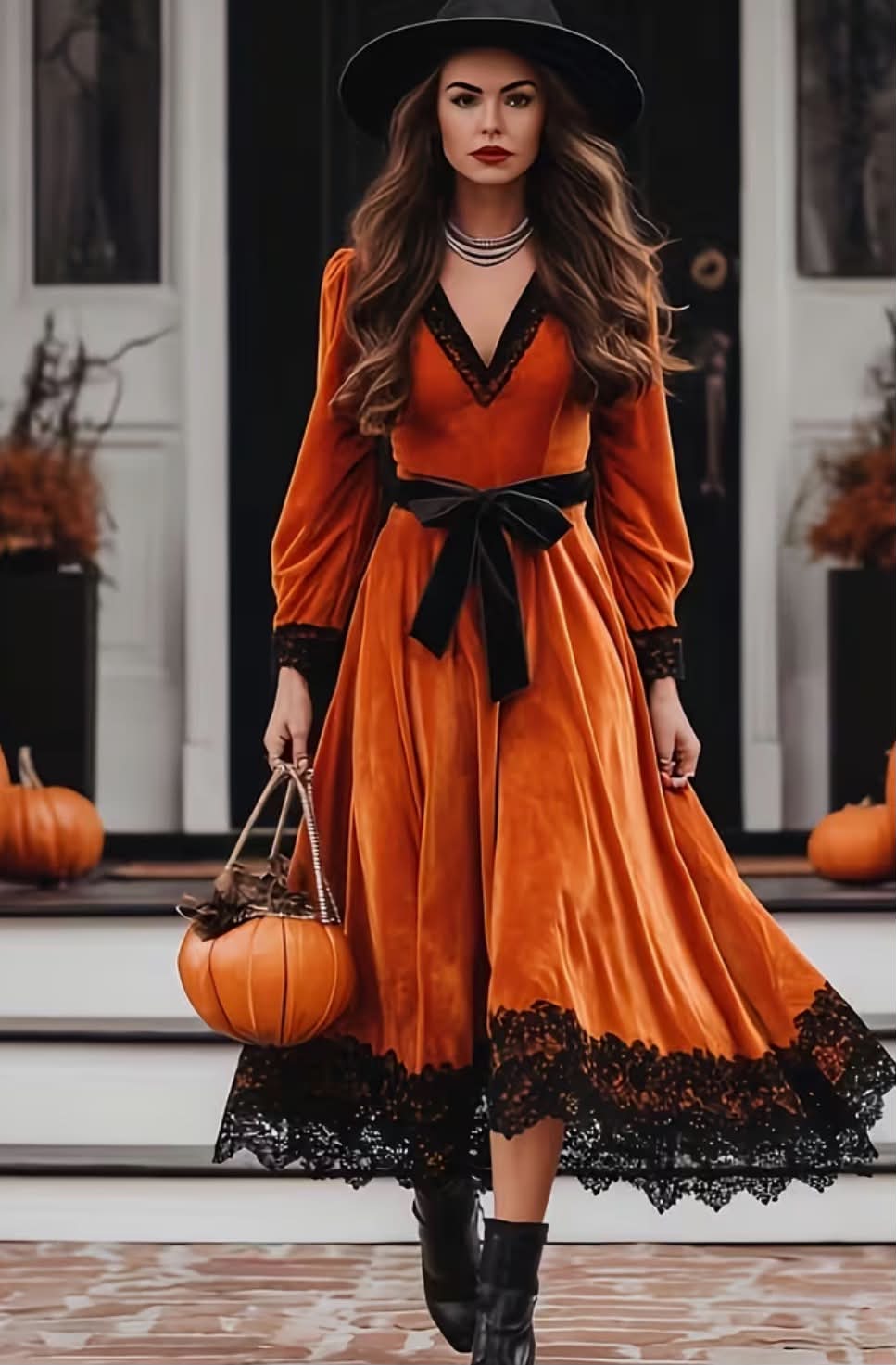Women's Vintage Halloween Style Orange-Red Velvet Dress with Deep V-Neck, Lace-Up Waist Tie, and Lace Hem, Black Lace Patchwork