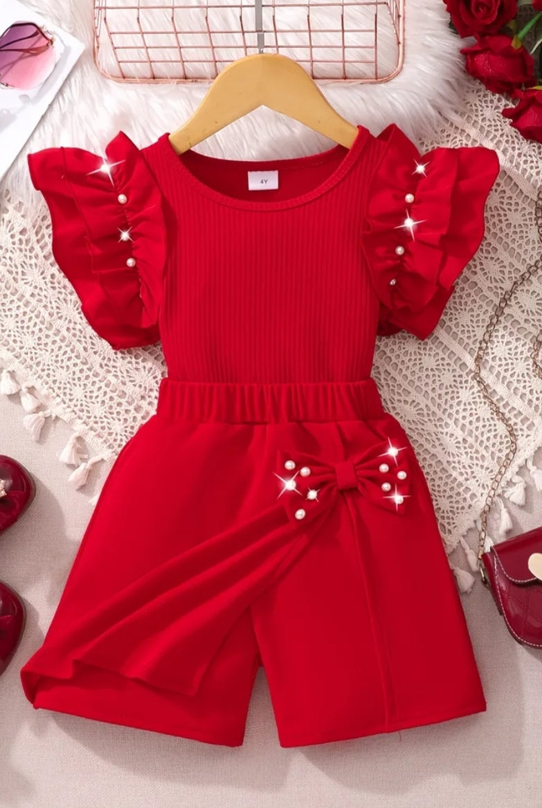 2 pcs Spring/summer Short Set for Young Girls, Featuring a Sleeveless Patchwork Ruffle Top with Bead Detailing and Shorts with Beaded Bow Embellishments.