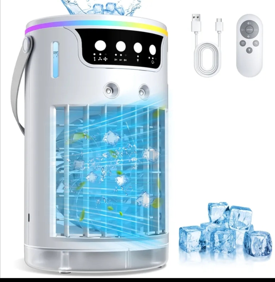 This Is a Versatile 3-In-1 Air Conditioning Fan That Features USB-C Charging, Humidifying And Cooling Functions, a 40.57Oz Water Reservoir, Remote Control, Timer, Seven Color LED Lights, And Various Fan Speeds.