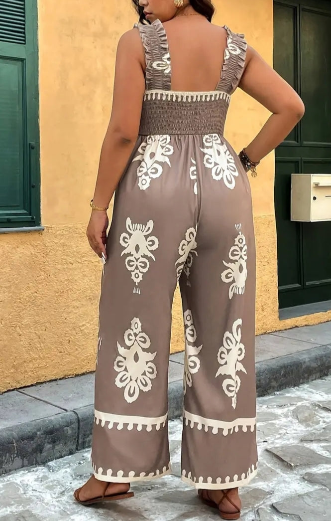 Women's Plus Size Floral Print Sleeveless Jumpsuit with Wide Legs and High Waist - Casual Off-Shoulder