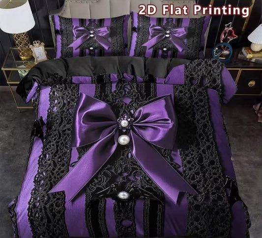 Bow Lace Bat Duvet Cover Set, Elegant Print, Gothic Theme, Breathable Polyester, All-Season, Machine Washable,