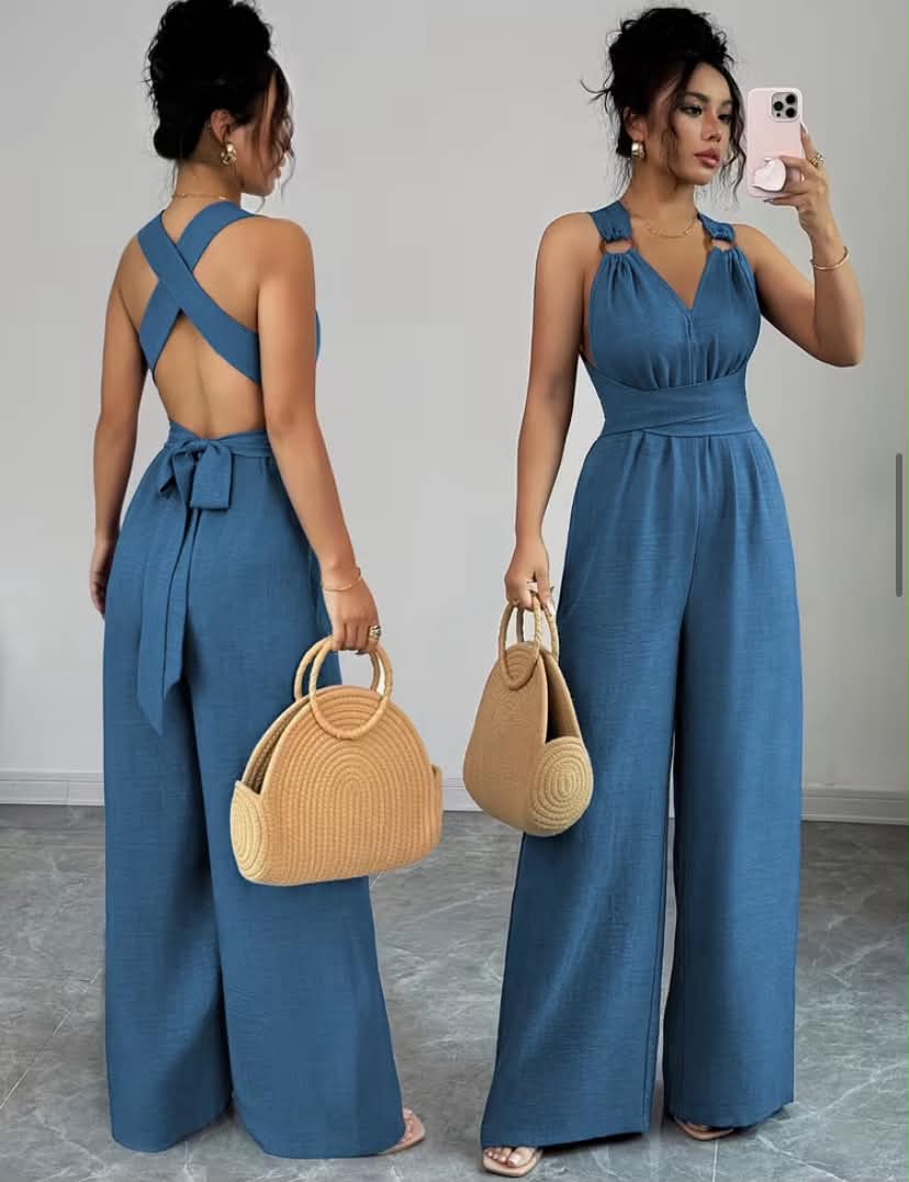 Women'S V-Neck Tie-Waist Wide-Leg Jumpsuit Women'S Jumpsuit Women'S Casual Summer Vacation Dress