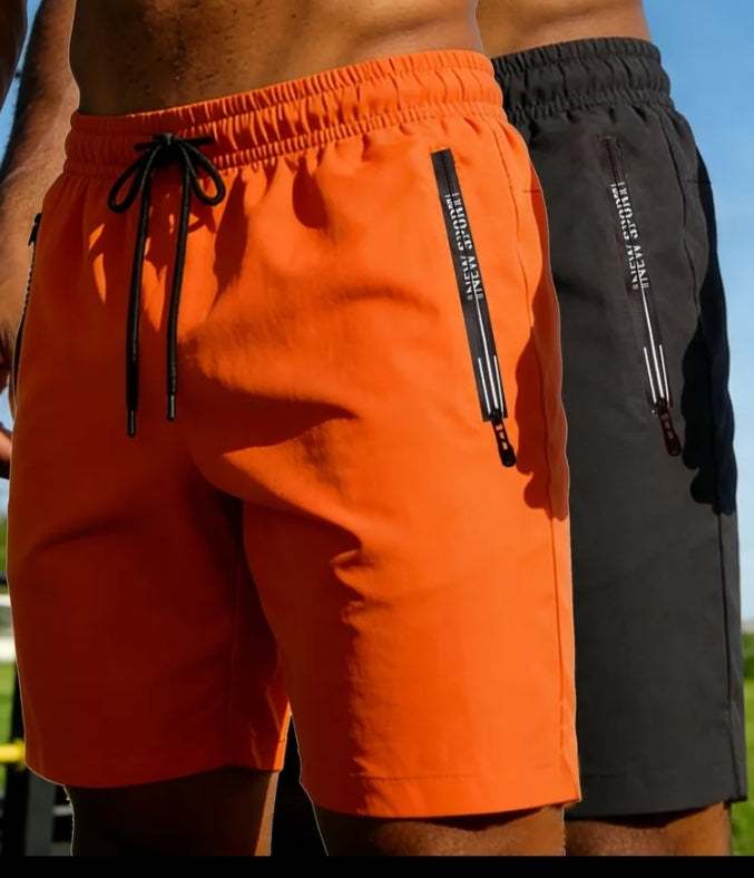 2 pcs Men's Lightweight Quick-Dry Running Shorts - Summer Casual Sportswear, Loose Fit, Zipper with Print Accents, Elastic Waistband, Zippered Pockets, Polyester and Spandex Blend, Plus Size Shorts