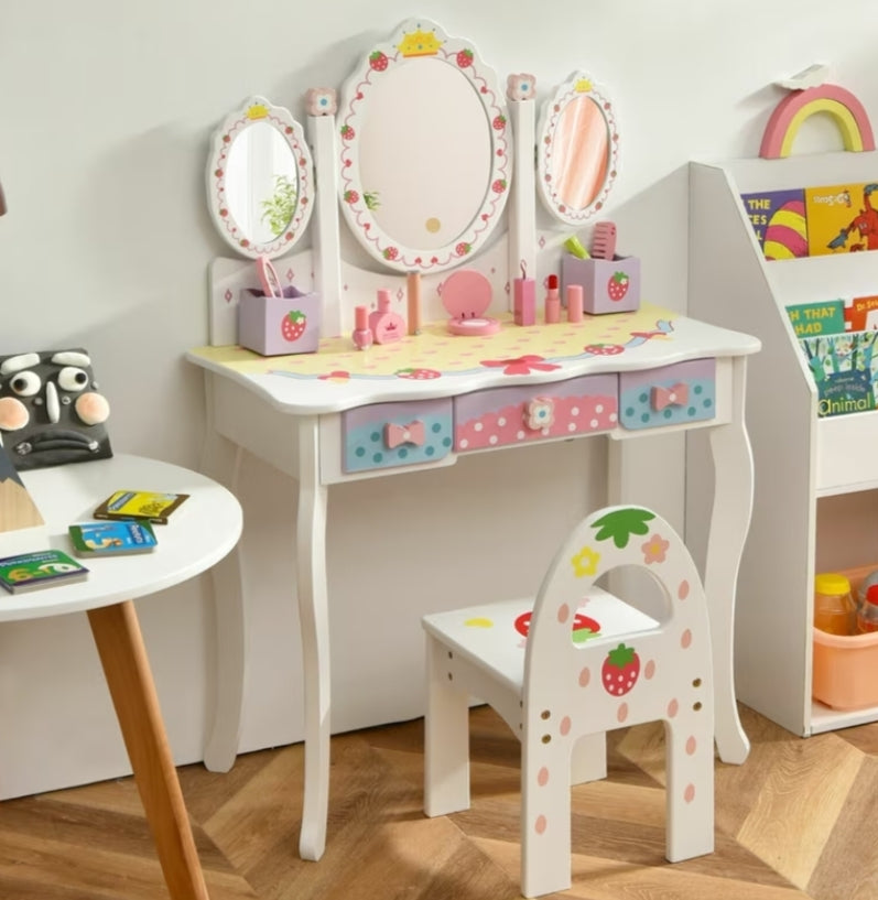 Kids Vanity Table and Chair Set, 2in-1 Makeup Dressing Table with Detachable Tri-Folding Mirror and Storage Drawers, Pretend Kids Vanity Set for Little Princess, White