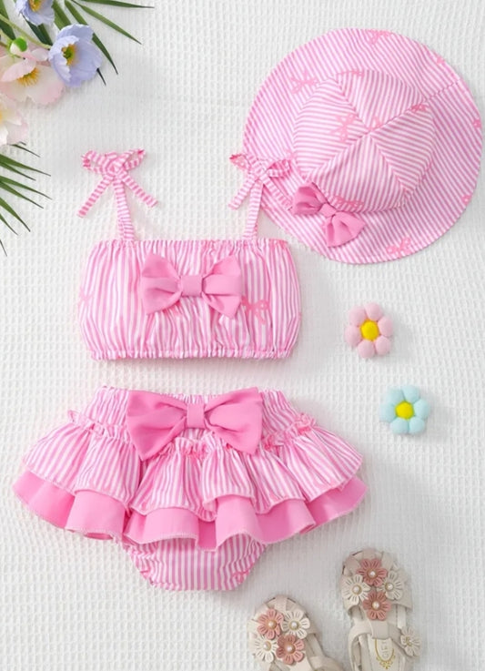 3 pcs Colorful Strapless Top for Baby Girls + Elastic Waist Bow-Decorated Bloomer Skirt + Cute Summer Sun Hat for Outings, for Outdoor