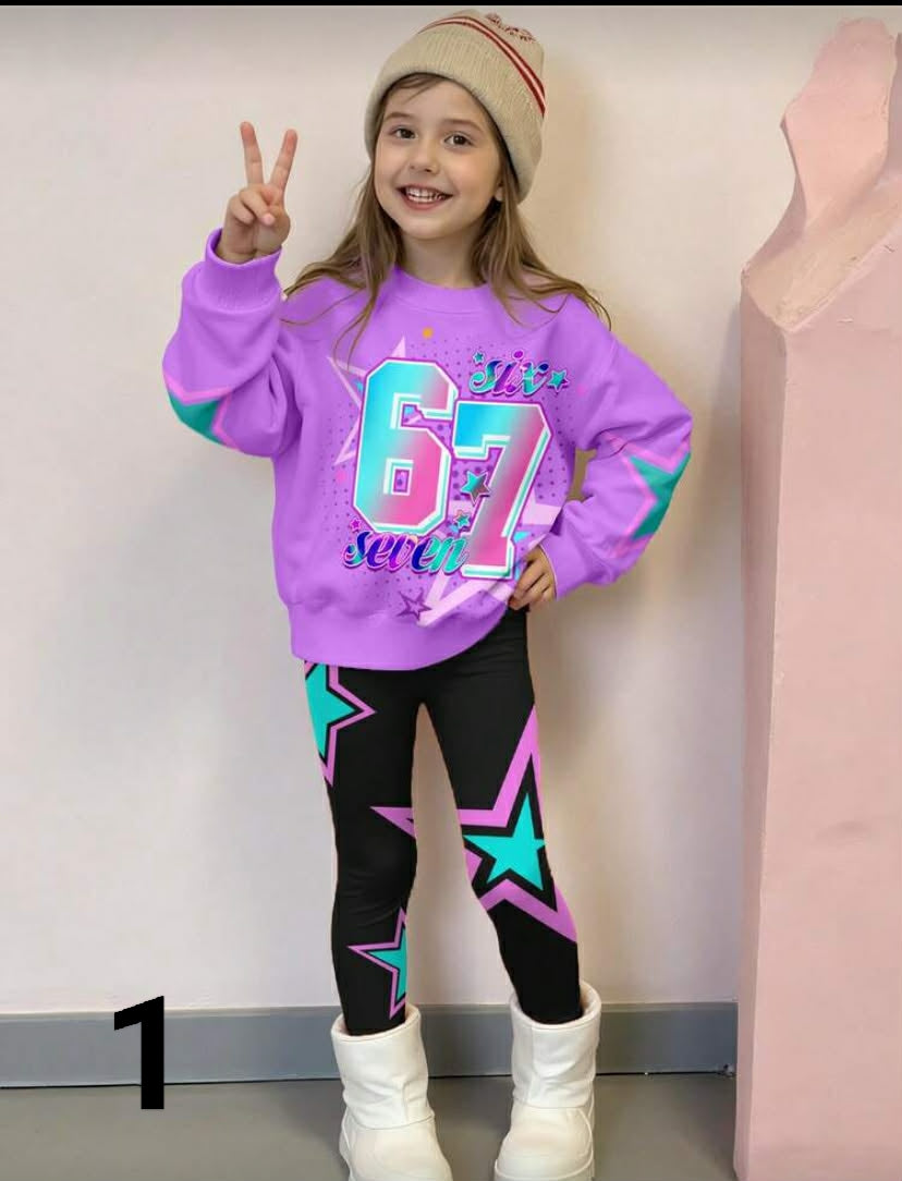 2 pcs/Set KPOP Graphic Print Top, Tween Girl Crew Neck Sweatshirt And Leggings Set, Fashionable Casual,