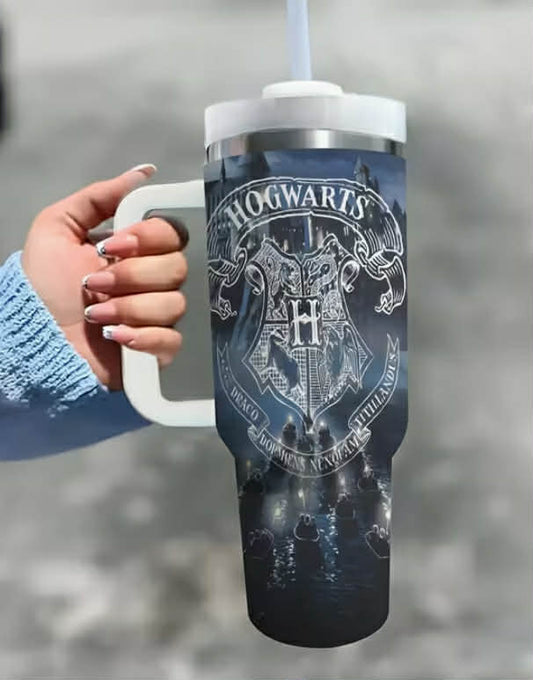 WB Harry Potter-Themed 40oz Stainless Steel Tumbler with Straw & Lid - Double-Wall Insulated Leakproof Insulated Bottle Cup, House Logo (///) - Large Water Bottle for s,