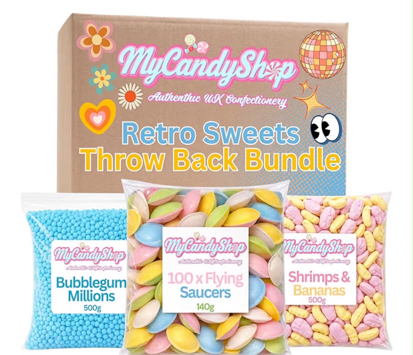 Retro Sweets Gift Box 80s & 90s - 100 Flying Saucer Sweets, 500g Bubble Gum Millions & 500g Shrimps and Bananas - 3 Pack Retro Candy Selection for Parties, Sharing & Treats