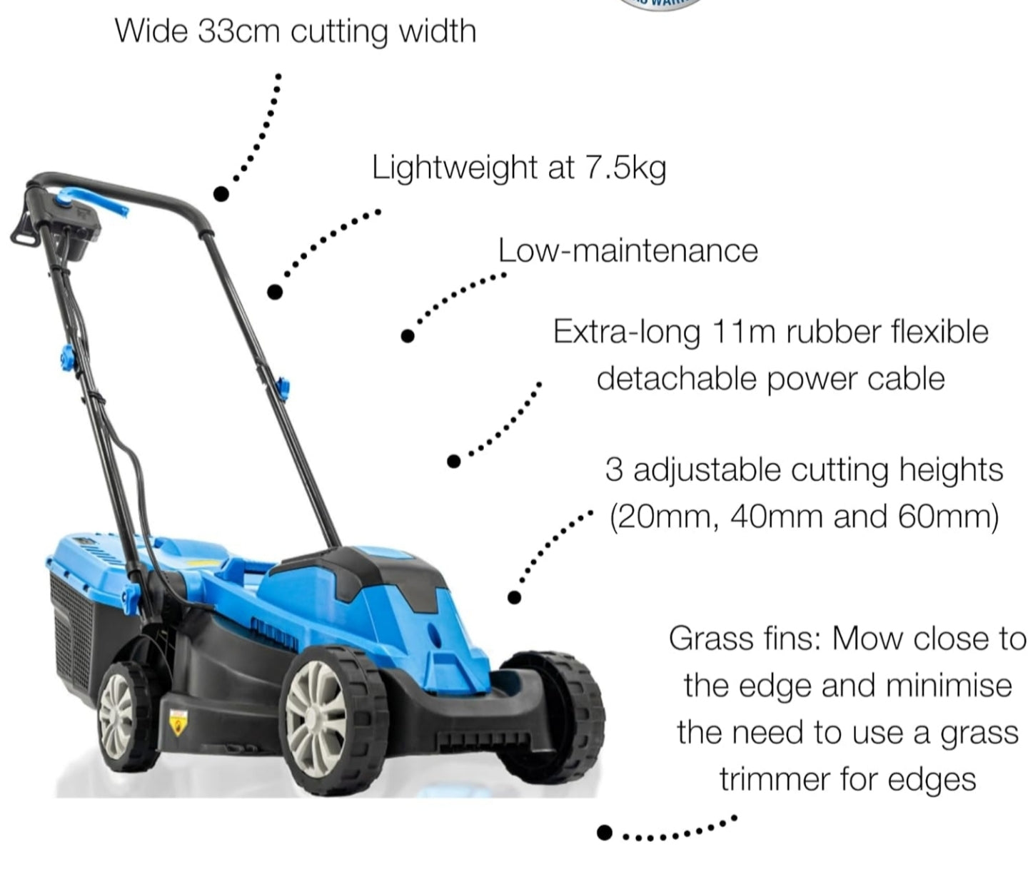 Hyundai 1300W Electric Lawn Mower – 33cm Lightweight Corded Lawnmower, 30L Grass Box, Foldable Handle, 3 Cutting Heights, Ideal for Small Gardens