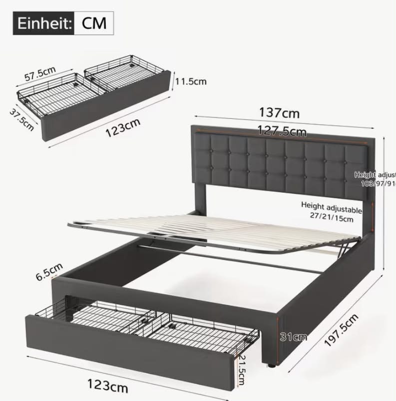 Double Size Ottoman Bed  Hydraulic Lift Storage Bed Frame - PU Leather Upholstered, Modern Grey Wingback Headboard, Space-Saving 4TF6
With mattress