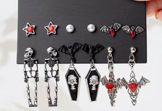 6 Pairs Gothic Five-Pointed Star Bat Skull Coffin Halloween Design Versatile Ear Jewelry Set