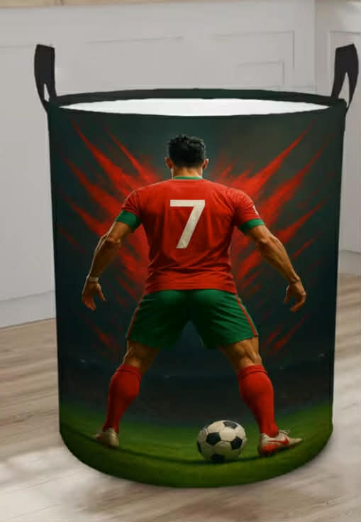 Football Player Laundry Hamper with Handles- 2D Flat Printed Design, Red& Green Soccer Theme, Durable Fabric Storage Basket