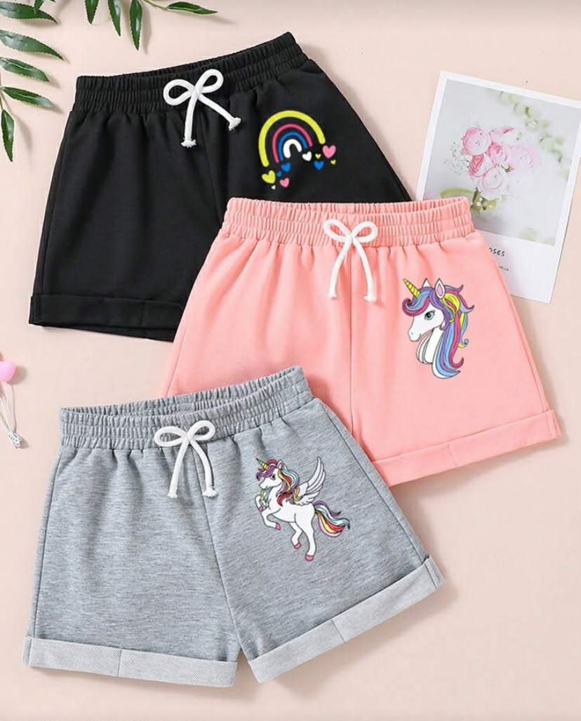 3 pcs Young Girls' Cartoon Unicorn Print Shorts Set