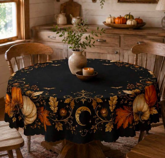 1pc Black & Gold Pumpkin Maple Leaf Tablecloth, Vintage Gothic Harvest Theme, Polyester Material