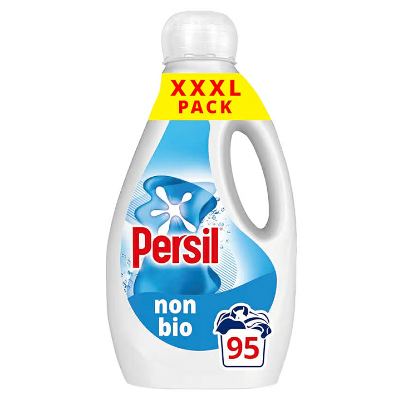 Persil Non Bio Laundry Washing Liquid Detergent outstanding stain removal in quick & cold washes tough on stains, gentle next to sensitive skin 95 washes (2.565 L)