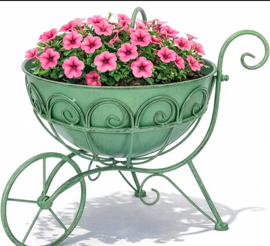 Vintage Metal Wheelbarrow Planter Stand Decorative Garden Flower Pot Holder Green Scrollwork Cart Plant Display for Patio, Balcony, Indoor