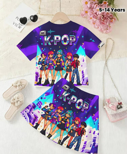 2 pcs Girls' Summer Trendy Set Short Sleeve Top And Skirt With Cute Cartoon Character 3D Print Casual, Crew Neck, Slight Stretch Fabric