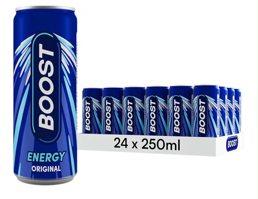 Boost Energy Drink Original Flavour - 24 Pack Drinks with Caffeine, Taurine and Vitamin B Carbonated Energy Drinks  Gluten Free Vegan Low Calorie Fizzy Drinks Multipack  24x250ml