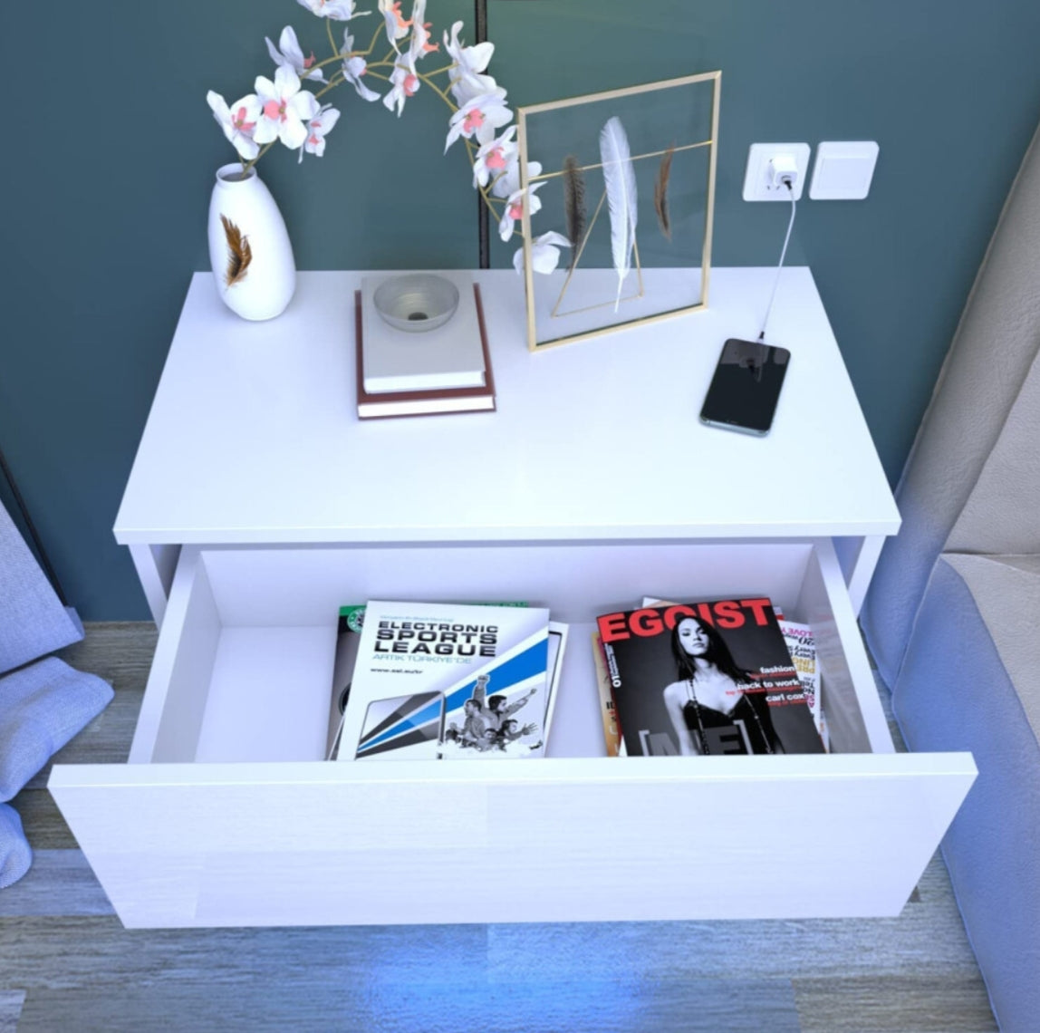 Floating Bedside Table with RGB Light High Gloss White Wall-Mounted