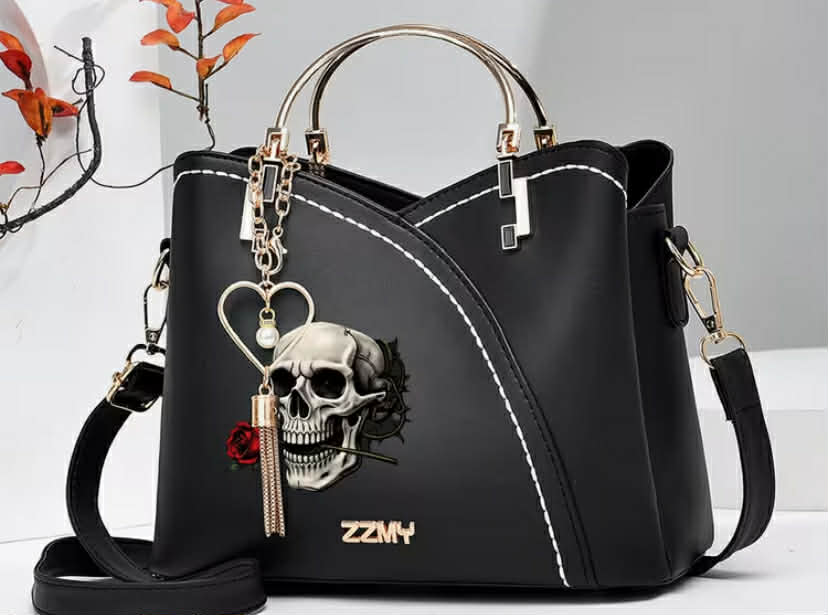 1 pc Gothic Crossbody Bag with Skull & Rose Patchwork, Goth Tote Purse Suitable for Women, Top Handle Shoulder Satchel, Zipper Closure