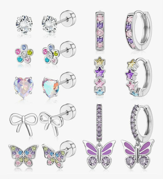 Finrezio 8 Pairs Hypoallergenic Earrings for Girls Women Surgical Steel Flat Back Stud Earrings for Kids Small Huggie Hoops Pink Multicolored Zirconia Cute Heart Butterfly Bow Girls Earring Set