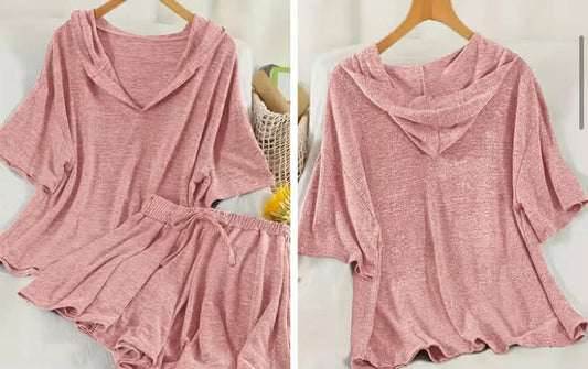 Casual Elegant Outfit, Featuring a Short-Sleeve Hooded Top And Drawstring Pleated Shorts, for Women