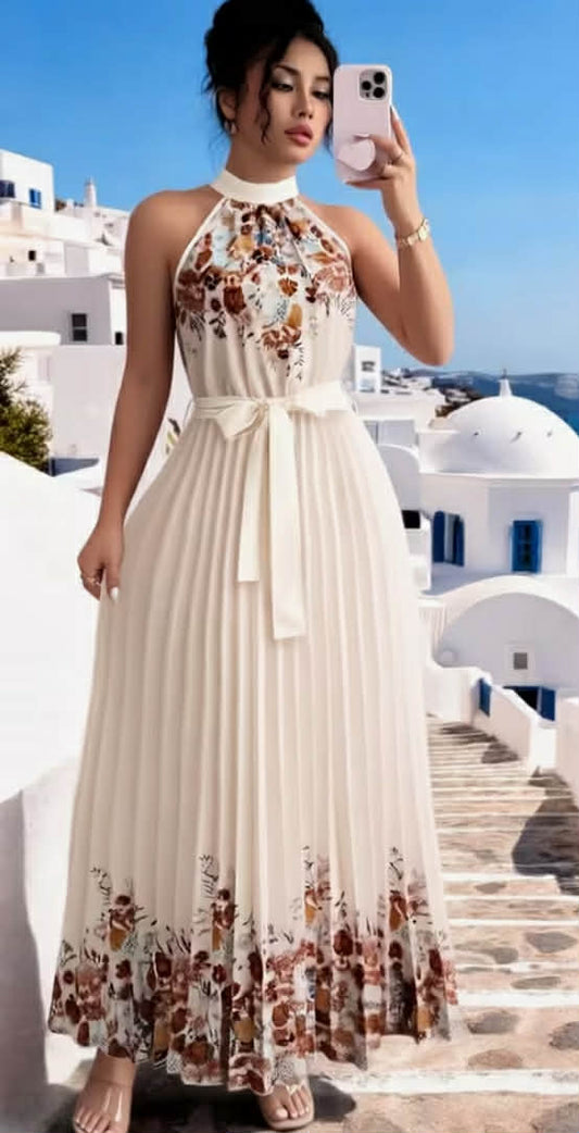 Women'S Floral Print Pleated Flared Maxi Dress with Tie Waist, Wedding Evening Party Formal Gown, Date Vacation Dress