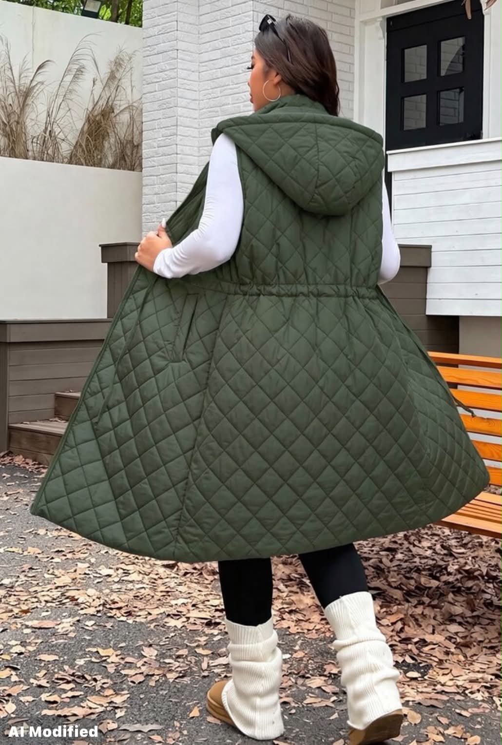 Autumn/Winter Plus Size Thickened Waist Drawstring Adjustable Loose Fit Long Coat, 2-Way Wear