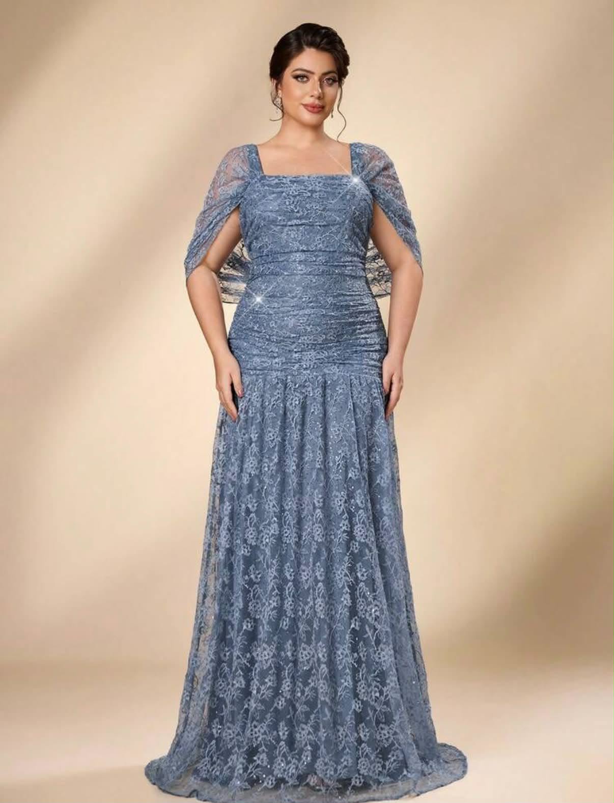 Elegant Luxurious Blue Stretch Sequin Lace Embroidered Sleeve Cape Mermaid A-Line Evening Gown