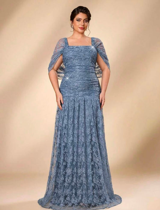 Elegant Luxurious Blue Stretch Sequin Lace Embroidered Sleeve Cape Mermaid A-Line Evening Gown