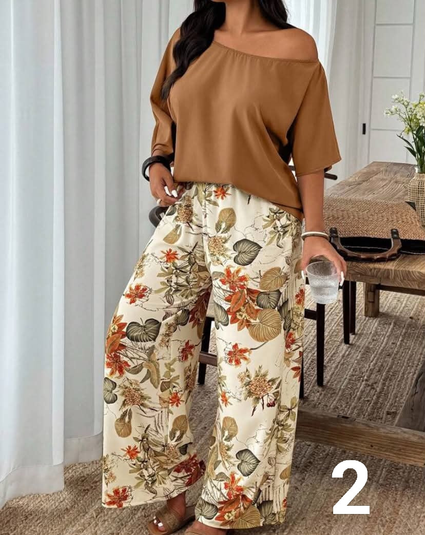 Random Print Casual Holiday Vibe Plus Size 2 Pieces Set