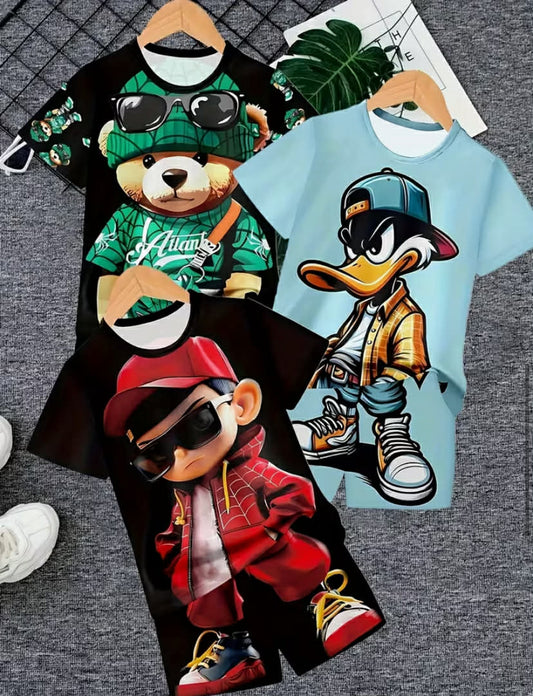 6pcs Set, Boys Fashion 3D Printing Casual Short-sleeved Shorts T-shirt Spring and Summer Jumper Short-sleeved Shorts
