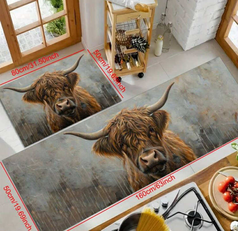 1 pc Home Decor, Slip-Resistant Silica Gel Kitchen Mat With 3D Highland Cow Print