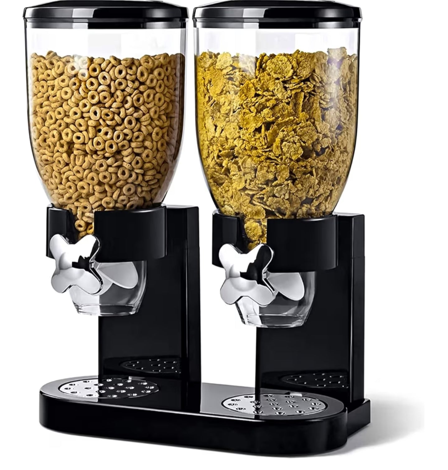 Double Plastic Classic Dry Food Cereal Dispenser Double Canister, White Transparent (Black)