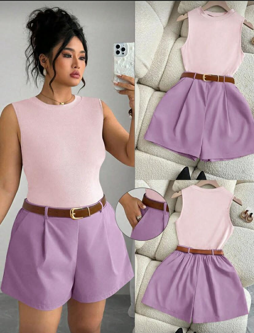 Women Sleeveless Knit Top And A-Line Shorts With Belt 2 Pieces Set, Casual Outfit 2 Piece Short Set