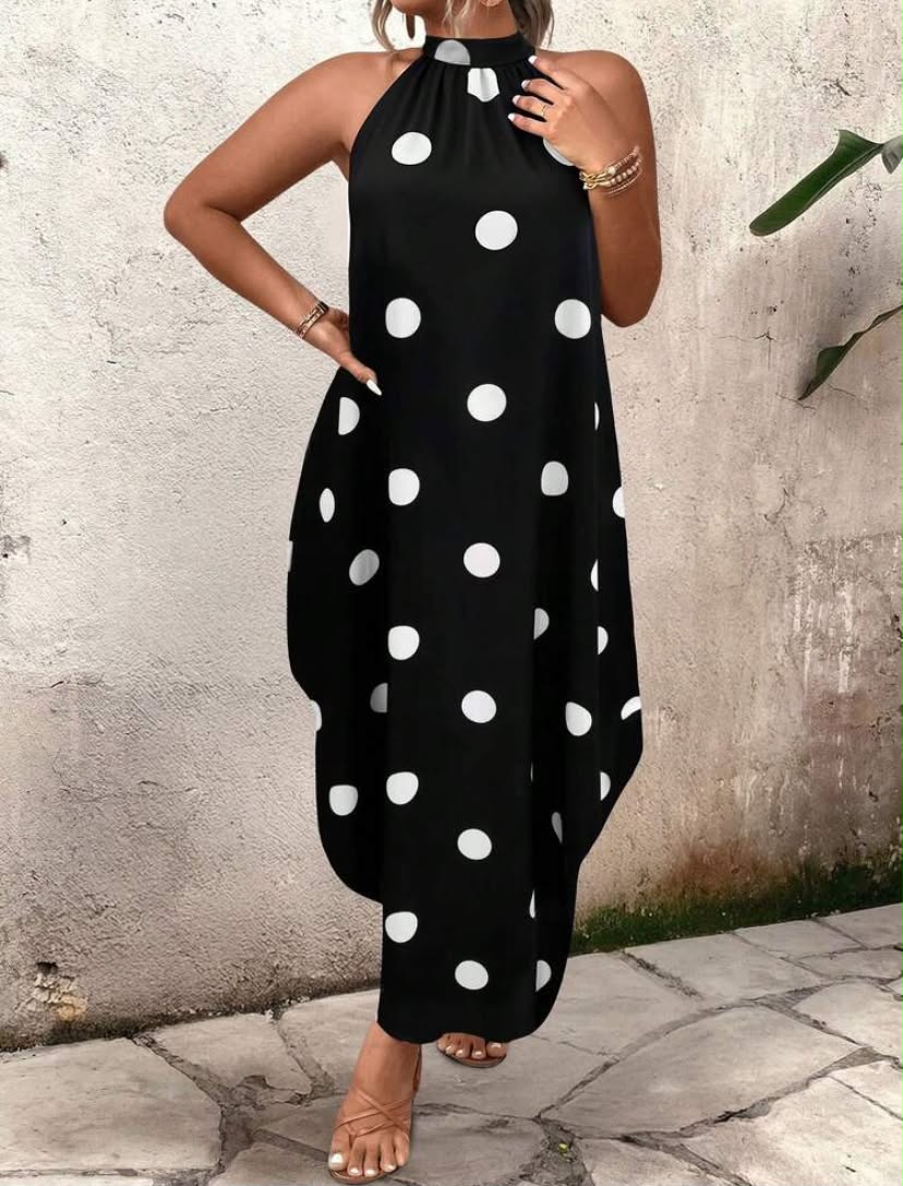 Breezaya Plus Size Women's Summer Polka Dot Casual Elegant Sleeveless Zip Neck Dress