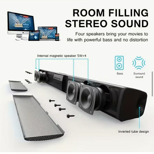 Multifunctional Soundbar Speaker System with 4 Built-in Subwoofers, Stereo Sound, AUX, TF, FM, Button Control, Passive Amplification, USB Charging, 36V Max, Infrared Wireless Technology for TV, Computer, Home Theater
