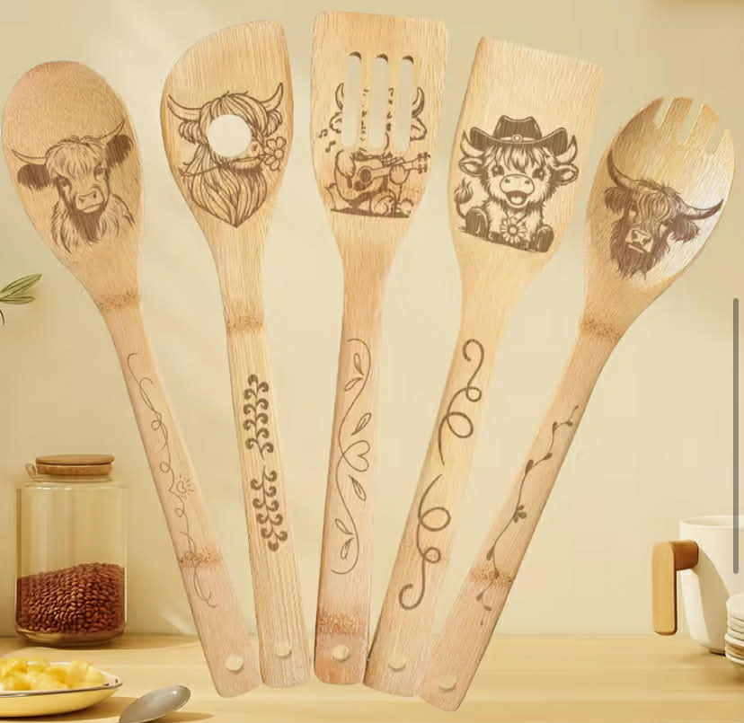5 pcs Set Cooking Utensil Set, Highland Cow Pattern, Bamboo Cooking Utensils Wooden