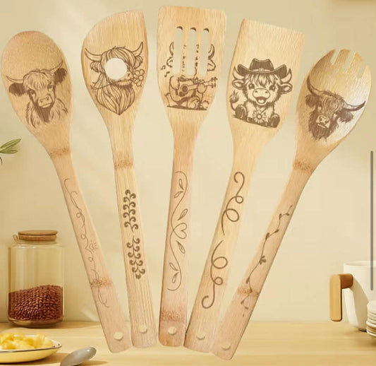 5 pcs Set Cooking Utensil Set, Highland Cow Pattern, Bamboo Cooking Utensils Wooden
