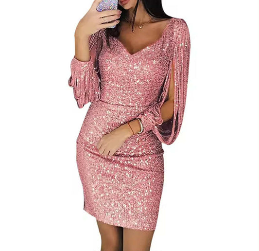 Plus Size Dresses for Women Elegant Long Sleeve Sequin Mini Dresses