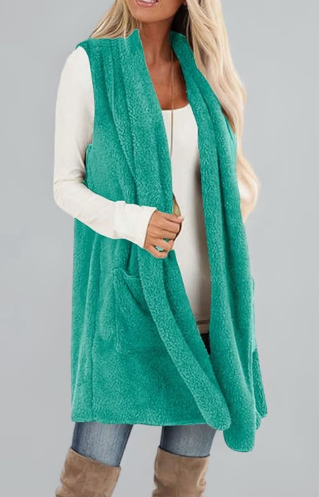 Long Teddy Gilet for Women UK Fleece Cardigan Sweater Fuzzy Jacket Coat Fleece
