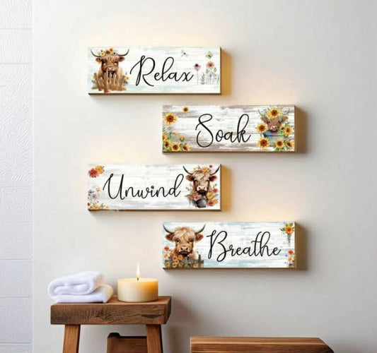 4 Pieces Highland Cow Themed Wooden Wall Art Set, Unique Gift For Friends And Family, Home Decor For Bathroom, Bedroom, Kitchen, Art & Crafts Material
