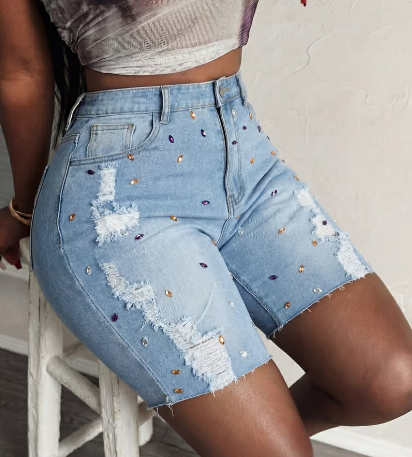 AMERICAN-STYLE DIAMOND-EMBELLISHED DISTRESSED WOMEN'S DENIM SHORTS, SUMMER WASHED LADIES' SHORTS