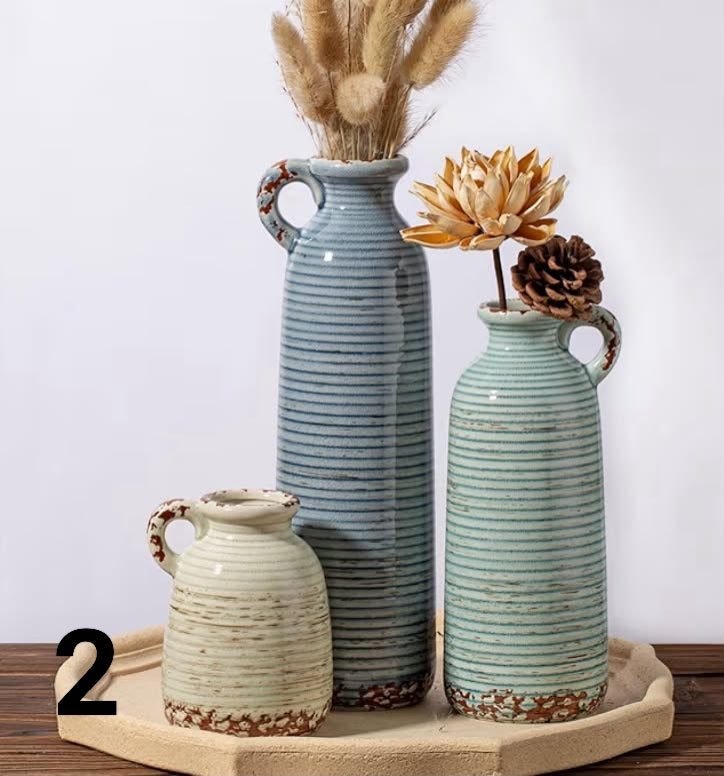 Ceramic Vase Set of 3 with Handles,  Farmhouse Boho Decor, Versatile as Table Centrepiece or Mantel & Shelf Accent - Unique Home Gift Idea