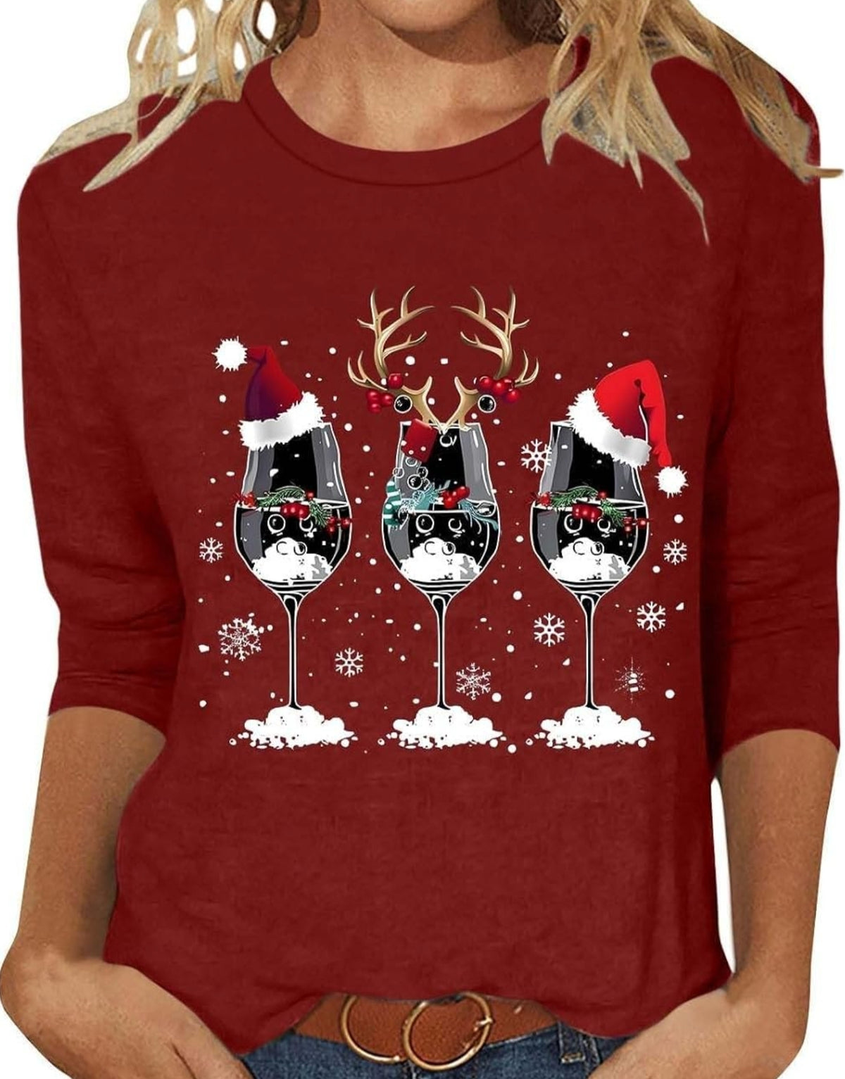 Christmas Jumpers for Women  3/4 Sleeve Printed Sweatshirt Casual Crewneck Pullover Loose Christmas Blouse Tunic T Shirt Ladies Xmas Sweatshirts