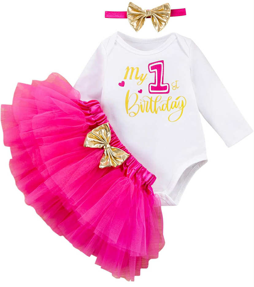 Baby Girl 1st Birthday Tutu Skirt Set Long Sleeve Romper First Birthday Smash Cake Outfits Party Dress Set