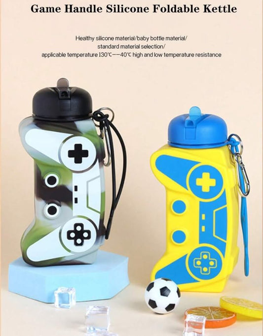 600ml Foldable Silicone Children's Game Handle Water Bottle, Platinum Silicone Material, Anti-Drop Durable, With Carabiner, Leak-Proof Seal